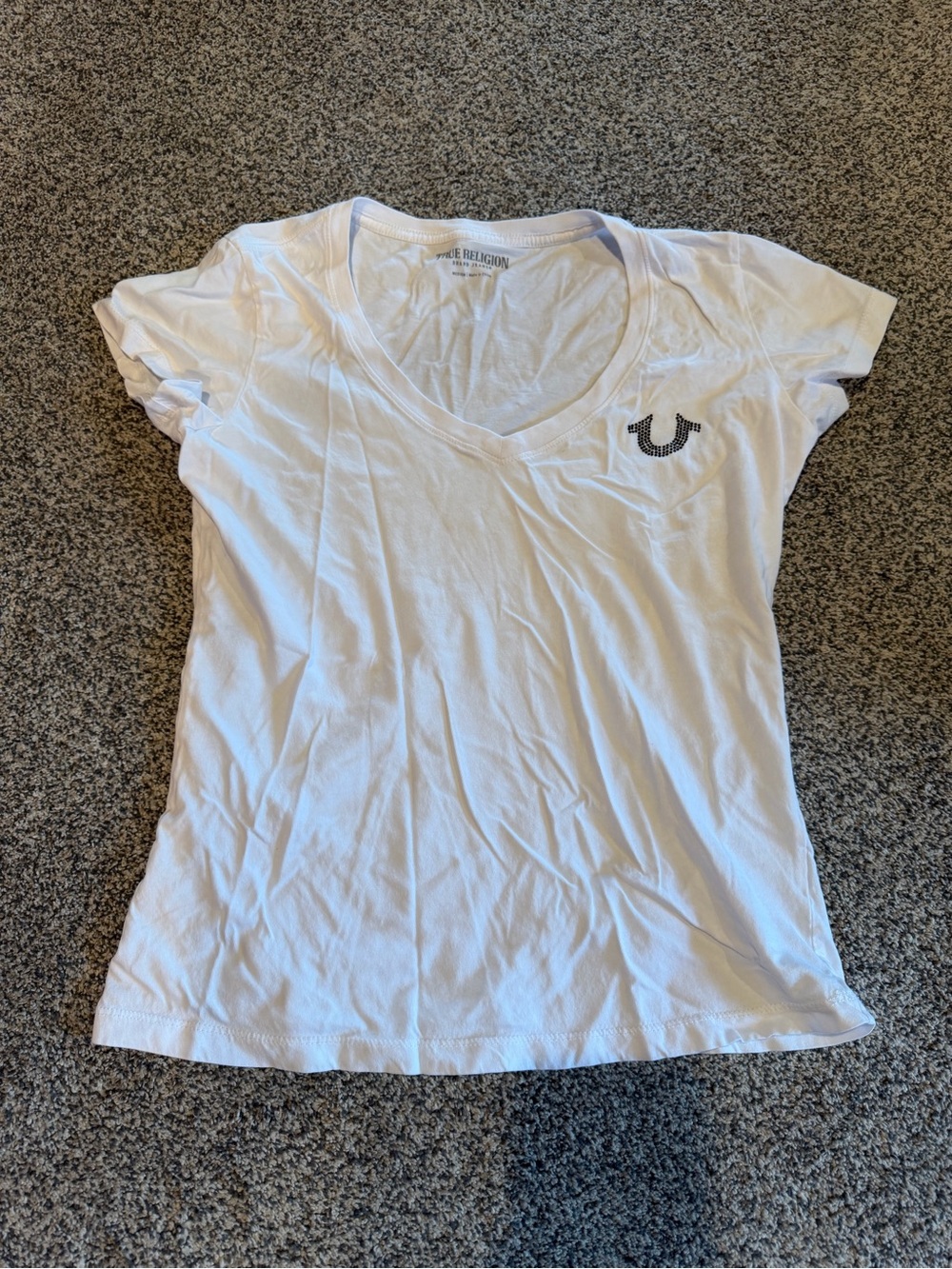True Religion White V-Neck Short Sleeve Tee with Logo